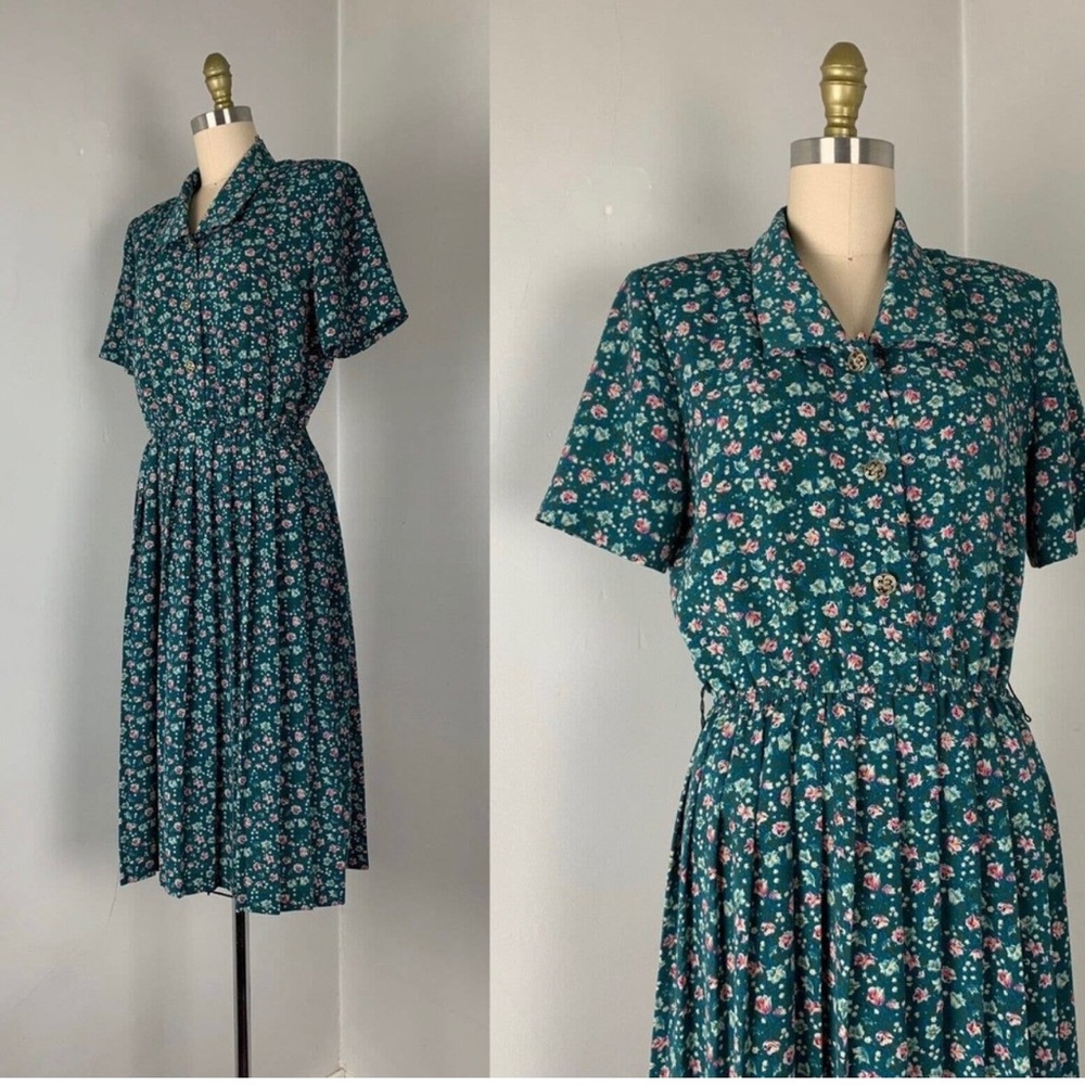 Vintage 1990s Cottagecore Shirt Dress 6P Petites Leslie Fay Midi Short Sleeves